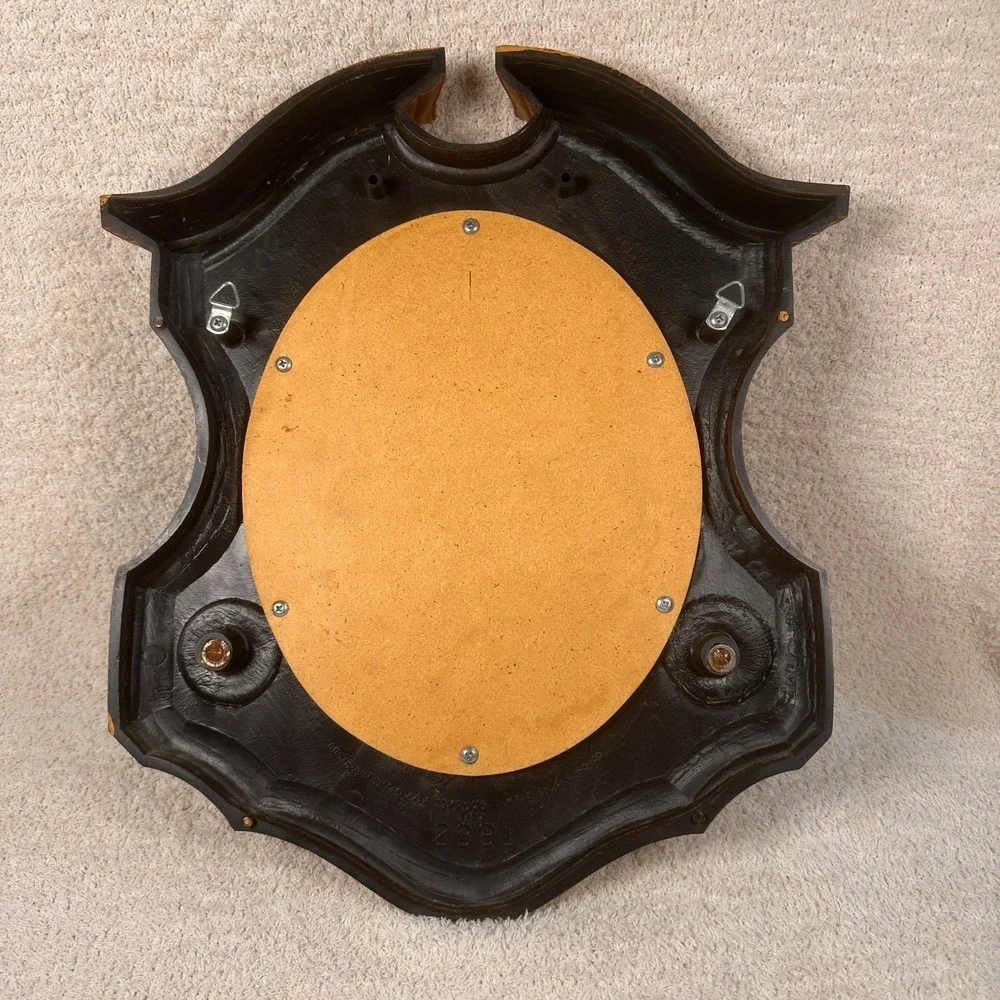 Vintage Faux Wood Shield Wall Mirror Sconce Dual Candle Holder Black Scroll Arms